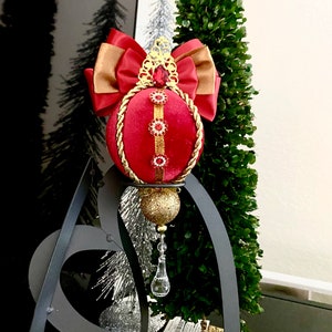 Red Velvet Christmas Ball Ornament, Gold Rhinestone Decor