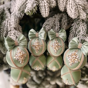 Sage green Christmas 3.15”ornaments, sage Christmas balls, satin Christmas rhinestones decorations, sage baubles for home tree