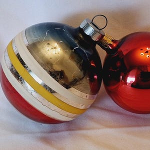 Vintage Mid-Century Shiny Brite Ornaments: Striped & Red Glass Tree Balls