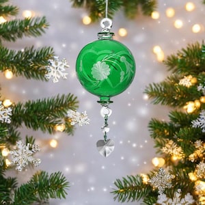 Green Engraved Christmas Ornament | Handmade Glass Ball with Gold Trim | Blown Glass Holiday Decoration | Hanging Ornament with Crystal Drop