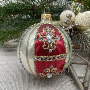 Handmade Red with beige Glass Christmas Ornament – Elegant Christmas decor 2025– Luxury Holiday Tree Decoration – Vintage Style Bauble