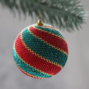 Handmade Beaded Christmas Ornament Ball – Red, Green & Gold,, Holiday Tree Decoration Red Green Gold Holiday Decoration