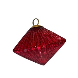 Vintage Red Kugel Ornament, Red Fluted Glass Diamond Ornament, Red Kugel Glass 4" Ornament, Metallic Red Kugel Diamond Ornament, Mint