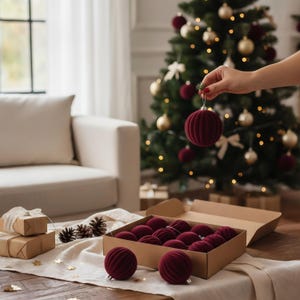 Velvet Christmas Ornament Set, Wine Red Ribbed Baubles