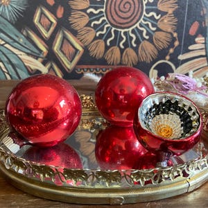 Vintage Set of 3 Mercury Glass Ball and Concave Christmas Ornaments, Multi Sized Ornaments, Red Green Yellow Silver, Shiny Brite and Poland