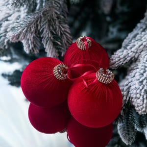 Red Velvet Christmas Ornaments: Rhinestone Holiday Tree Decor (3.15/4")