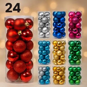 Set of 24 Shatterproof Christmas Baubles – Glossy, Matte & Glitter Ornaments – Xmas Tree Decorations – Holiday Balls – Multi Colors